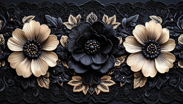 elegant black floral lace trim border with intricate scalloped edge, detailed textile pattern, sophisticated gothic vintage aesthetic