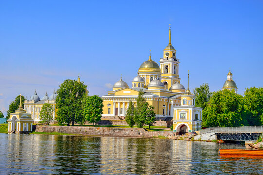 Panoramic view of the Nilo-Stolobensky Monastery on Lake Seliger, Tver region of Russia
