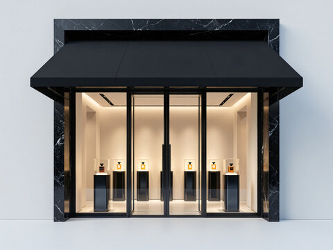 Minimalist Luxury Perfume Boutique Storefront with Glass Display