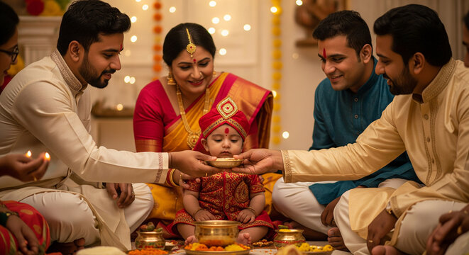 Indian family celebrating traditional Annaprashan first rice feeding ritual for baby boy