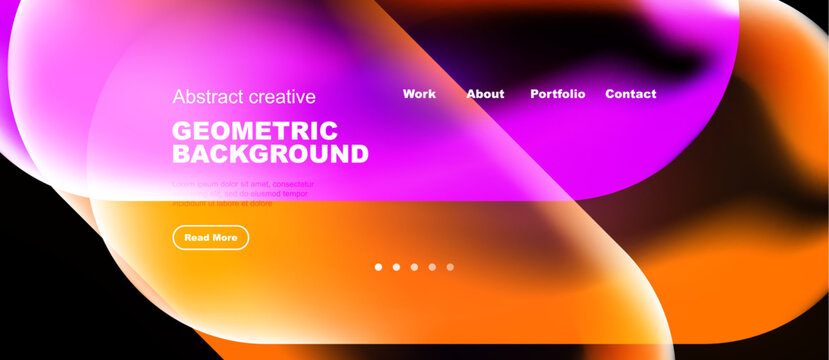 Vibrant abstract shapes overlap, creating fluid geometric background. Text elements present work, about, portfolio, contact options.