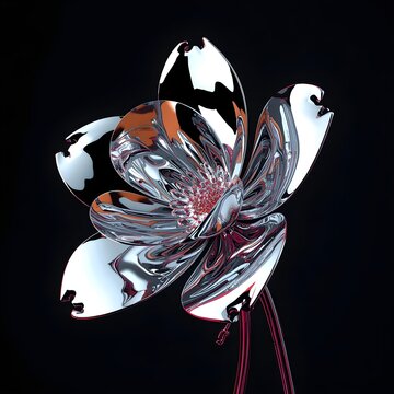 Futuristic Chrome Metallic Flower Bloom with Reflective Silver Petals on Black Background 3D Abstract Digital Art