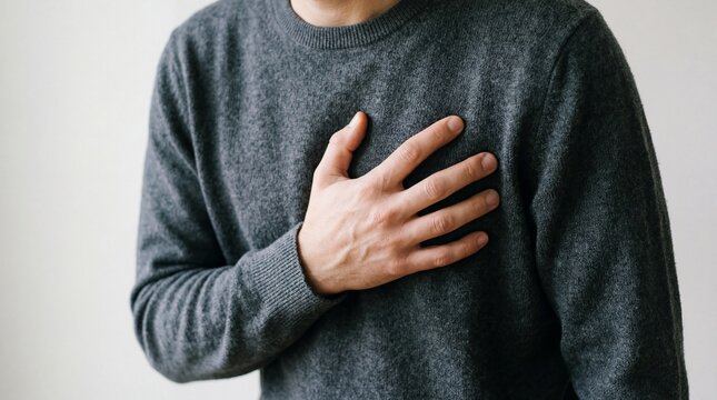 Man holding hand on chest experiencing heart pain or emotional distress in grey sweater