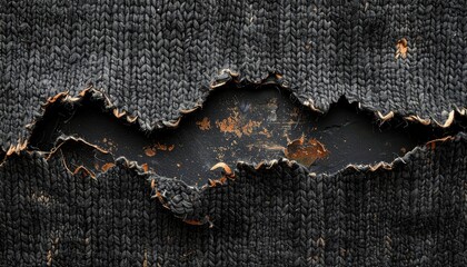 Naklejka premium Dark distressed knitted fabric with holes and torn edges, grunge textile texture, worn material background