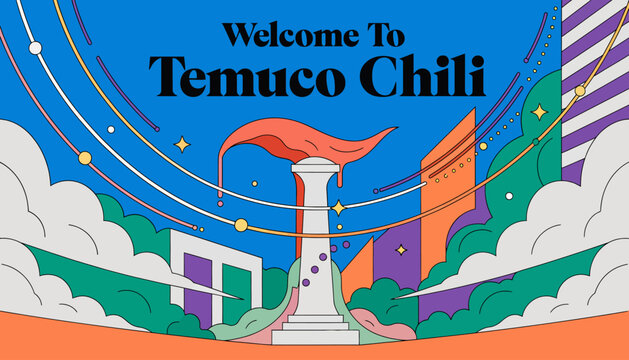 Vibrant abstract illustration "Welcome To Temuco Chili" with colorful graphic elements, retro style, graphic design, art, celebration