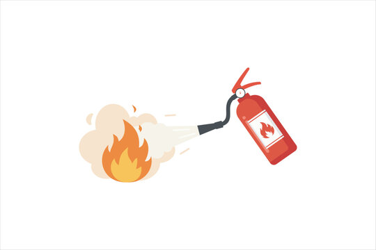 Red fire extinguisher spraying foam to put out a burning flame. Vector illustration for emergency safety and fire protection concept.