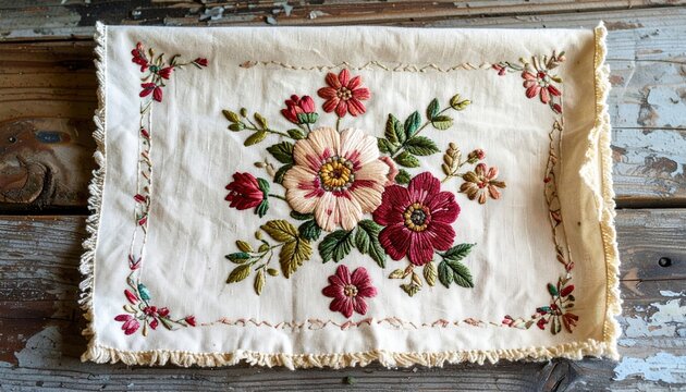 Vintage square linen handkerchief decorated with delicate floral embroidery, aged cream fabric, nostalgic European textile craftsmanship