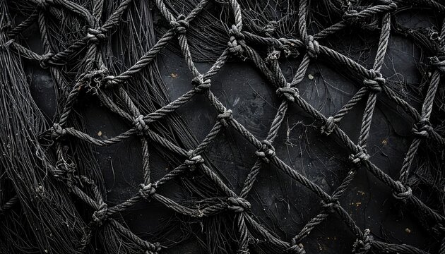 distressed black fishing net texture with frayed threads and irregular grid pattern, dark nautical material background, weathered fibers
