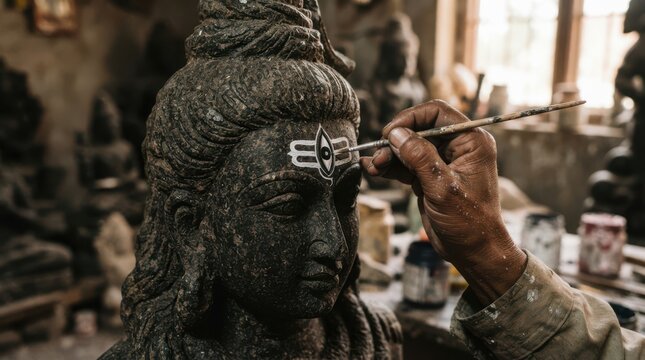 Artisan hand painting sacred tilak on stone sculpture of Lord Shiva