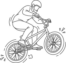 Fototapeta premium Dynamic line art illustration of a BMX rider performing extreme tricks with helmet, concept for active urban sports lifestyle and youth culture, suitable for apparel design and event marketing