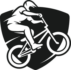 Fototapeta premium Dynamic BMX rider graphic emblem with stylized cyclist silhouette inside a shield frame, concept for extreme sports and active lifestyle, ideal for logo design, athletic apparel branding, and club