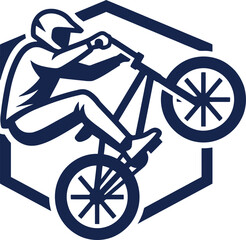 Fototapeta premium Dynamic vector illustration of a BMX bike rider performing extreme stunt inside geometric hexagonal frame, concept for extreme sports logo design, cycling team badge and apparel printing