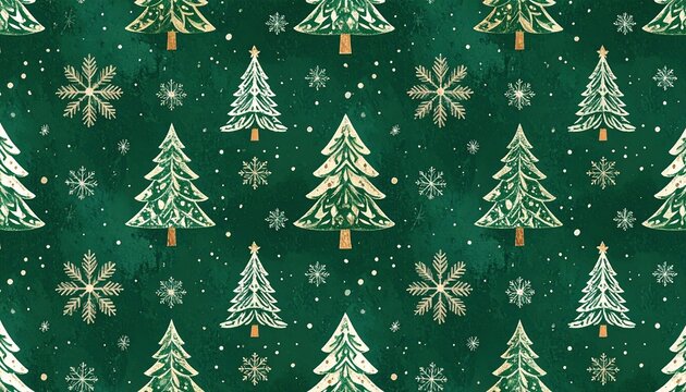 Green Christmas wrapping paper pattern with snowflakes, geometric ornaments and stylized pine trees, seamless festive pattern, elegant holiday design