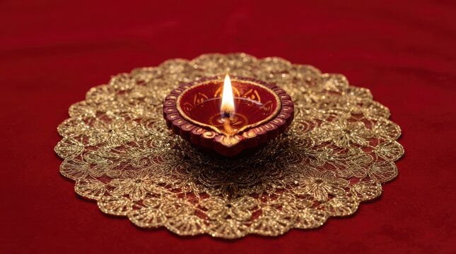 Single burning oil lamp on gold lace doily for Diwali celebration