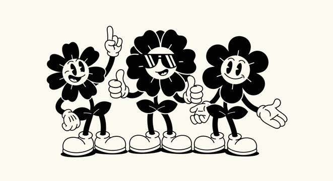 Playful group of three retro-style vector characters in a vintage cartoon aesthetic, featuring vibrant colors, bold outlines, and nostalgic 1970s design elements on a white background.