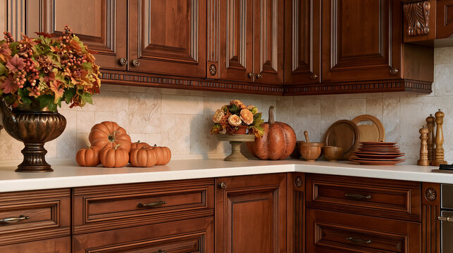 Kitchen showcasing autumn seasonal decorations, including pumpkins, fall leaves, and wooden dishes, on a clean countertop
