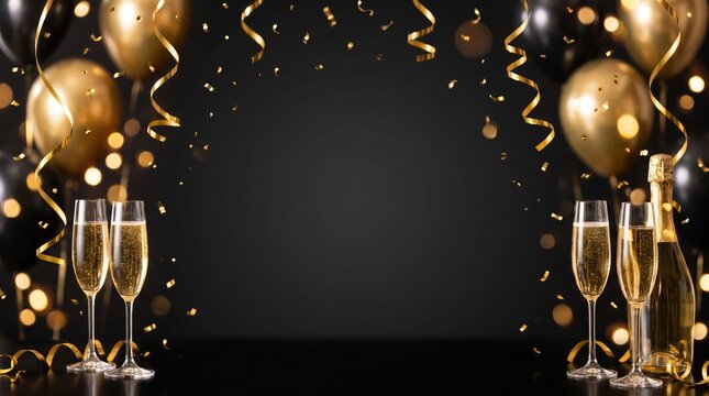 Elegant new years eve celebration with champagne glasses golden balloons and festive confetti background