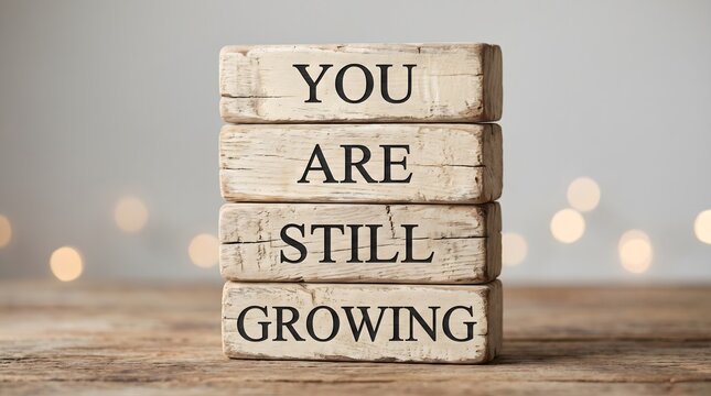 Whitewashed wooden blocks with bold black text spelling "you are still growing", soft bokeh lights background, personal growth and self compassion quote concept.