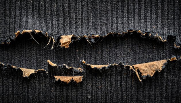 Dark distressed knitted fabric with holes and torn edges, grunge textile texture, worn material background