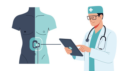 Fototapeta premium Doctor Monitoring Wearable Medical Device on Patient Torso via Tablet Illustration