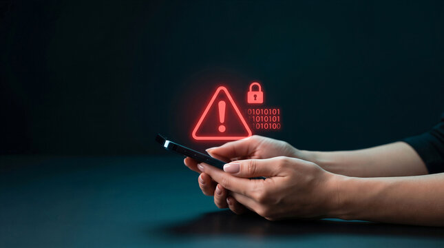 Man holding a smartphone with a red warning triangle and padlock hologram, symbolizing cybersecurity, hacking alerts, and data breach