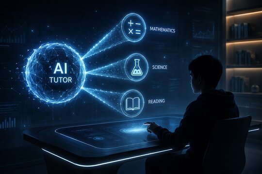Student studying with an advanced artificial intelligence tutor interface showing academic subjects. back to school with technology, artificial, intelligence. back. to school with technology