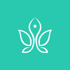 Naklejka premium Elegant white lotus line logo on a turquoise background, ideal for wellness, yoga, spa, meditation, beauty, natural therapy, and holistic lifestyle brands.