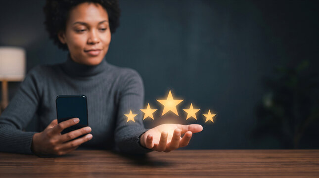 Woman holding smartphone and five glowing stars in hand,. Excellent customer feedback, satisfaction, and top service rating