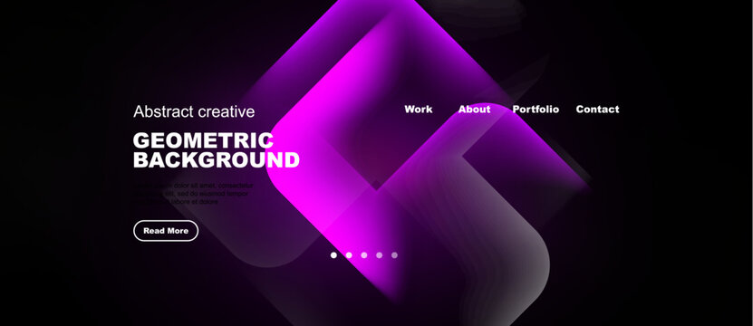 Abstract geometric design. Vibrant purple layers create dynamic background. Minimalist website mockup with navigation options.