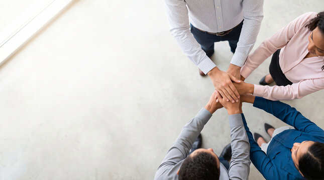 Top view of diverse business team stacking hands together, symbolizing unity, teamwork, collaboration, and support