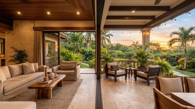 Luxurious outdoor living space seamlessly blends with a comfortable indoor lounge area in a tropical setting