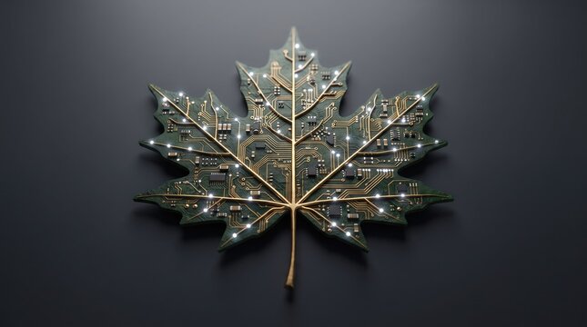 Intricate digital rendering of a maple leaf composed of complex geometric structures and metallic textures