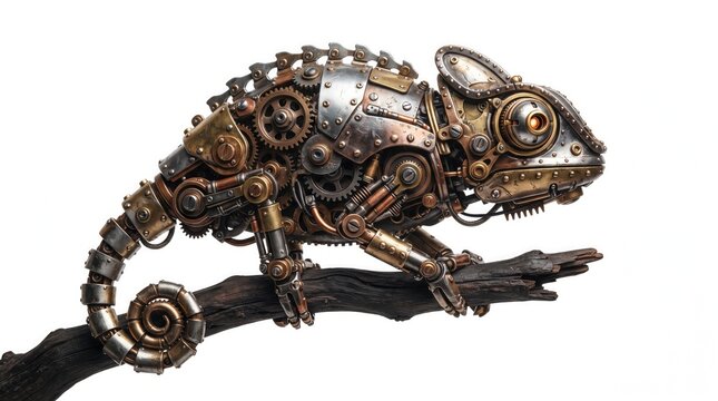 Intricate mechanical chameleon sculpture crafted from repurposed metal parts on a dark branch