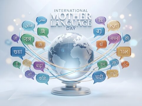 International mother language day banner with world globe and colorful speech bubbles