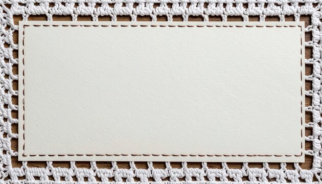 blank rectangular paper note stitched to white tatting lace border, intricate loop pattern, handmade textile and paper texture