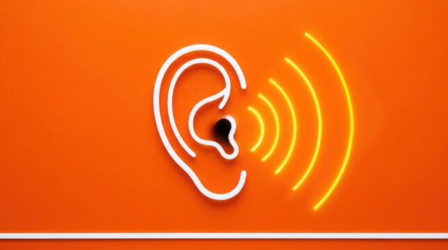 Neon ear outline with sound waves on orange background for hearing and audio concept