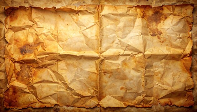 Vintage brown parchment paper with wrinkles, folds, aged edges and subtle stains, rustic antique texture, warm earthy tones, full frame background
