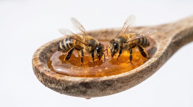 Close up of honeybees collecting sweet golden honey in a wooden spoon against a white background
