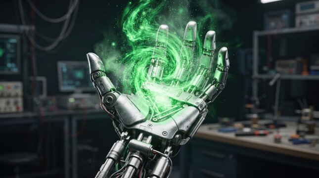 Futuristic robotic hand holding a vibrant swirling energy sphere in a dark laboratory setting