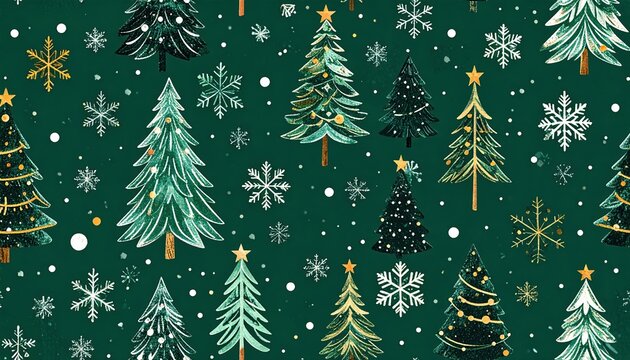 Green Christmas wrapping paper pattern with snowflakes, geometric ornaments and stylized pine trees, seamless festive pattern, elegant holiday design