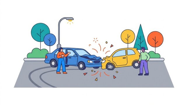 Illustration of two cars in a head-on collision on a city street
