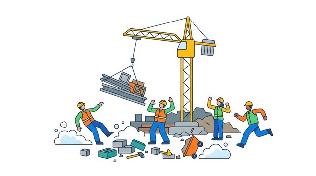Workers running from falling load at construction site illustration