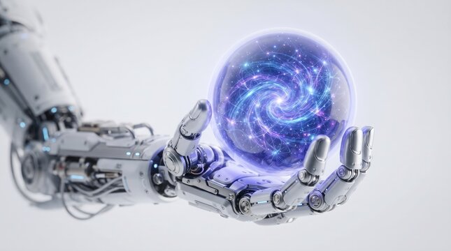Robotic hand gently holding a glowing planet earth representing technology and environmental care