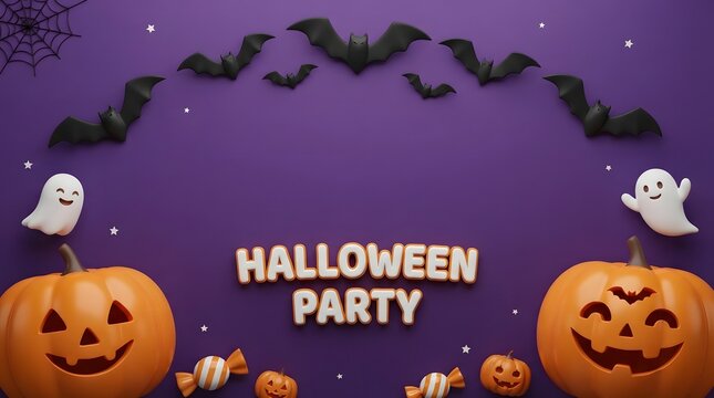 Halloween party design with ghosts pumpkins and bats in a spooky purple night background