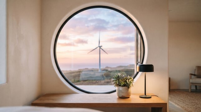 Modern bedroom interior with a large oval window overlooking a scenic landscape at sunset