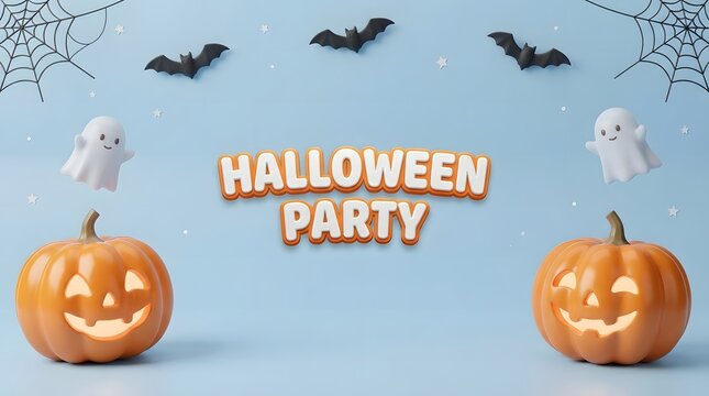 Halloween party text banner with pumpkins ghosts bats and spider webs on blue background
