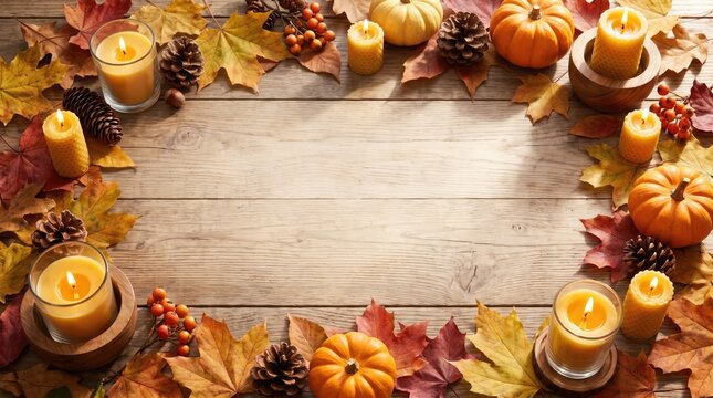 Autumnal flat lay with pumpkins colorful leaves and glowing candles on a rustic wood background