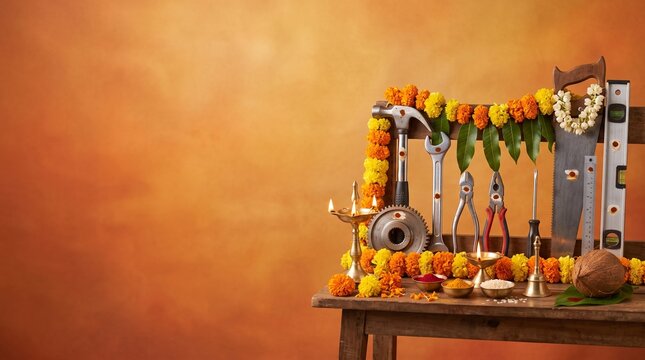 Ayudha Puja Festival Banner with Decorated Tools, Machinery, Marigold Flowers and Copy Space