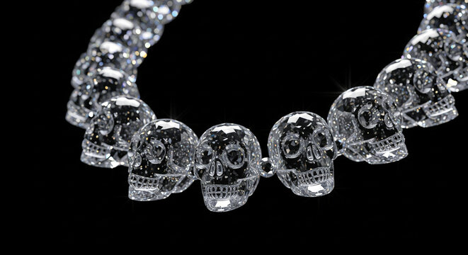 Luxury crystal skull necklace with faceted glass skulls isolated on black background