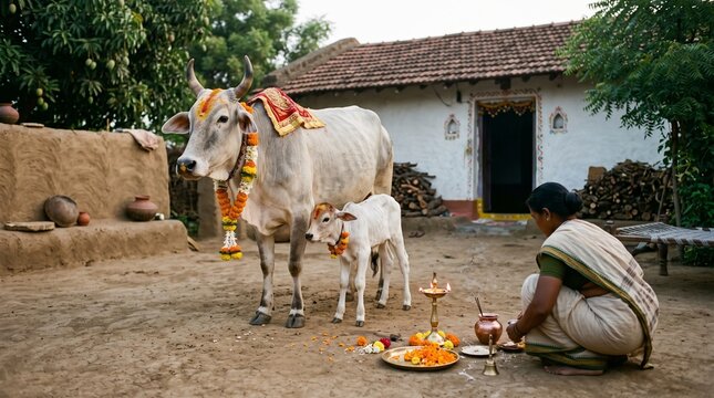 Govatsa Dwadashi Hindu Festival with Decorated Cow and Calf in Traditional Indian Courtyard